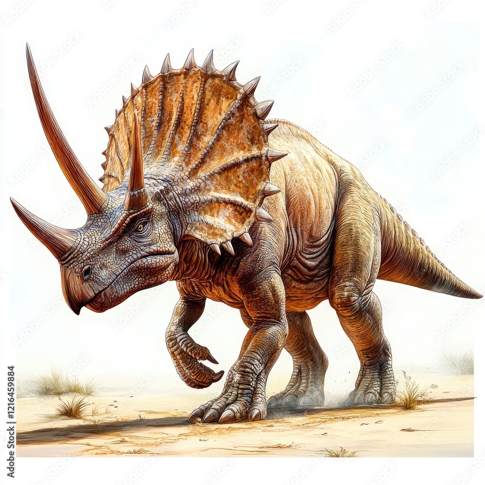 Fototapeta premium Triceratops dinosaur, desert landscape, prehistoric scene, educational illustration