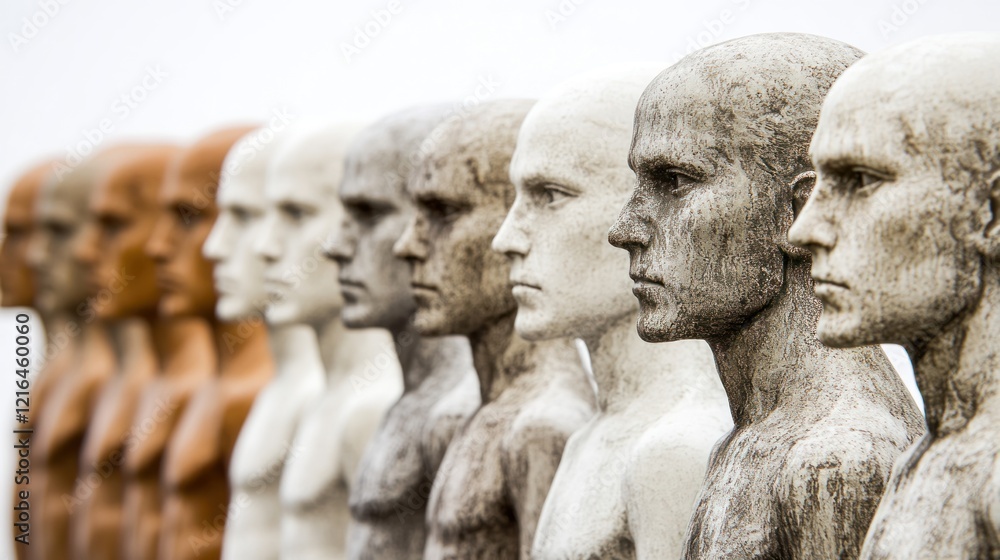Naklejka premium Stone Male Busts Row Weathered Textures Neutral Tones