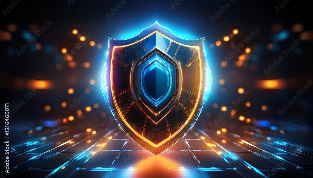 Fototapeta premium A glowing, stylized shield with a blue and orange outline, set against a dark, futuristic background with shimmering lights.