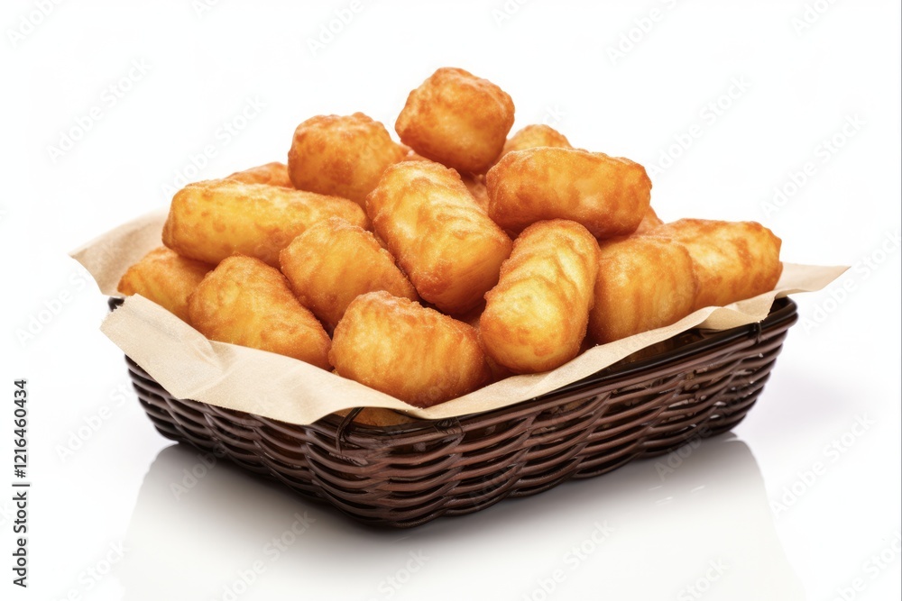 Tasty Fried Tater Tots in a Basket. Crispy Spud Snack Isolated on White Background Tasty Fried Tater Tots in a Basket. Crispy Spud Snack Isolated on White Background