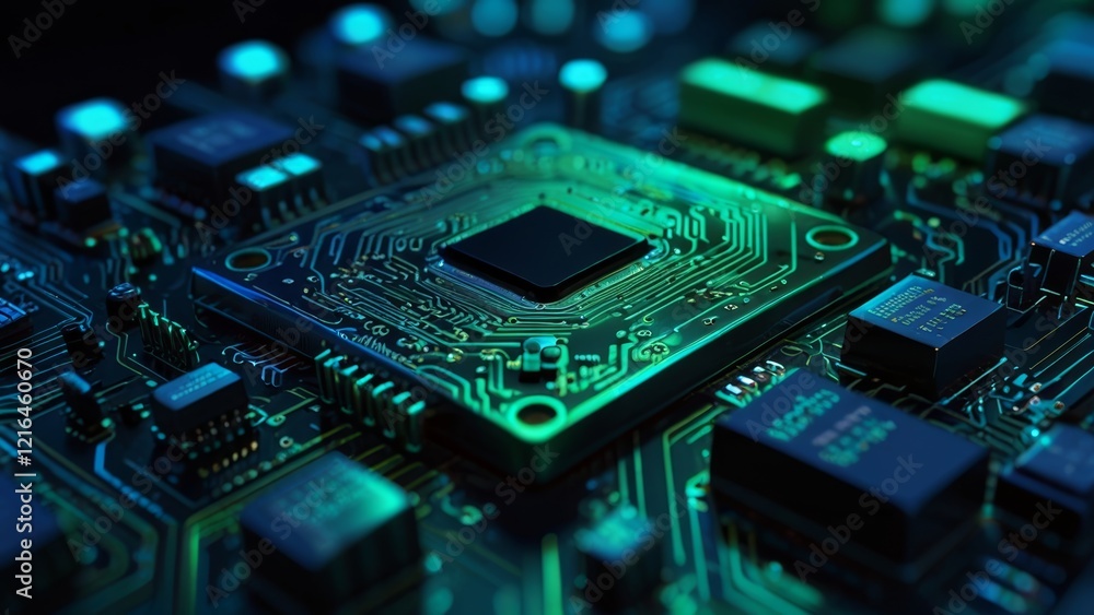 Fototapeta premium Neon-Lit Computer Motherboard with Circuit Tracks and Chips