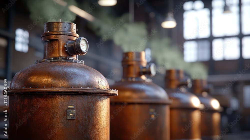Copper stills steaming in distillery, industrial interior Copper stills steaming in distillery, industrial interior