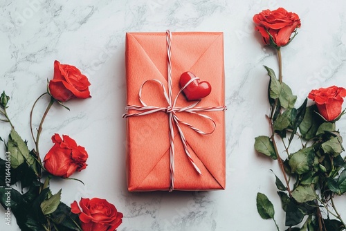 Ein rotes Geschenk zum Valentinstag mit roten Rosen  photo