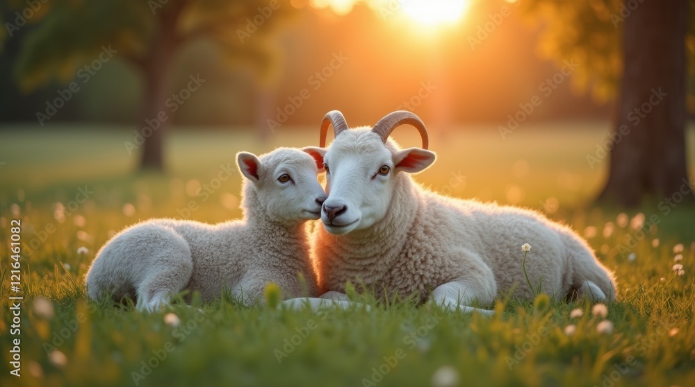 Obraz premium A serene image of a lamb resting beside its ewe in a tranquil meadow, showcasing the peaceful relationship between them.