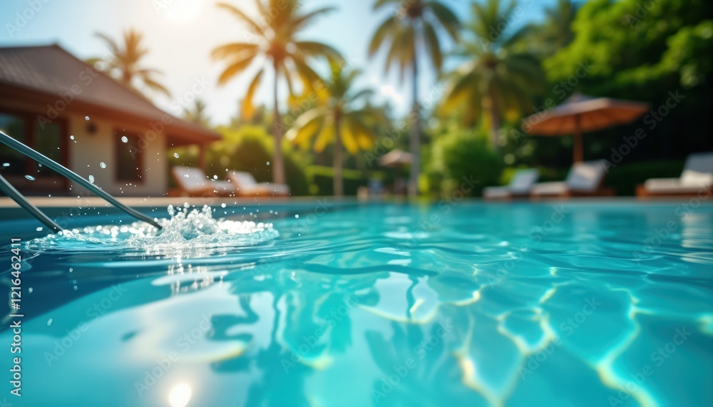 Fototapeta premium Close-up view of clear pool. Water turquoise, rippled by sunlight. Poolside area with blurred palm trees, tropical house visible. Splashing water, pool steps shown in foreground. Perfect for vacation