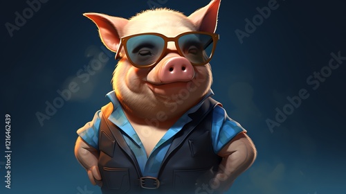 Stylish pig wearing sunglasses and a jacket