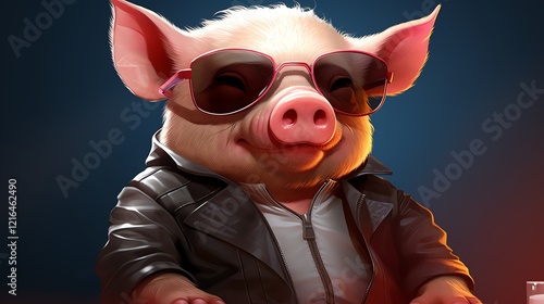 Cool pig wearing sunglasses and leather jacket.