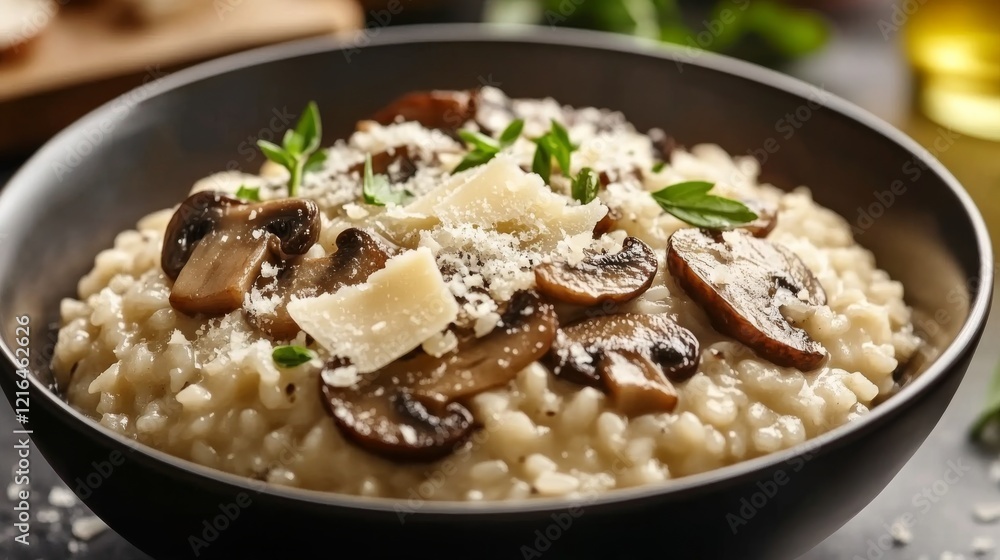 Close-up of a bowl of risotto with mushrooms and Parmesan cheese on a dark wooden table, showcasing the creamy texture and rich flavor. Ideal for gourmet cooking and restaurant menus. Close-up of a bowl of risotto with mushrooms and Parmesan cheese on a dark wooden table, showcasing the creamy texture and rich flavor. Ideal for gourmet cooking and restaurant menus.