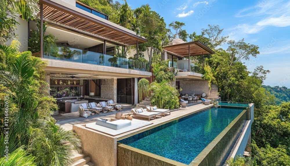 Fototapeta premium Luxury Cliffside Villa with Infinity Pool Stunning Ocean View Tropical Paradise Getaway