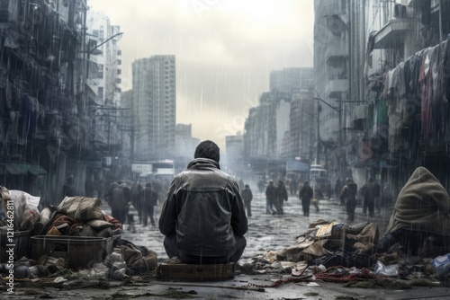 Urban Poverty: Homeless Person Tied-Up Sitting on Sidewalk Amidst Bustling Cityscape, Depicting Scenes of Social Inequality & Urban Life