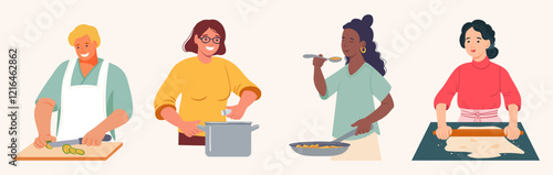 Happy people men and women cooking food at home. Home kitchen vector illustration