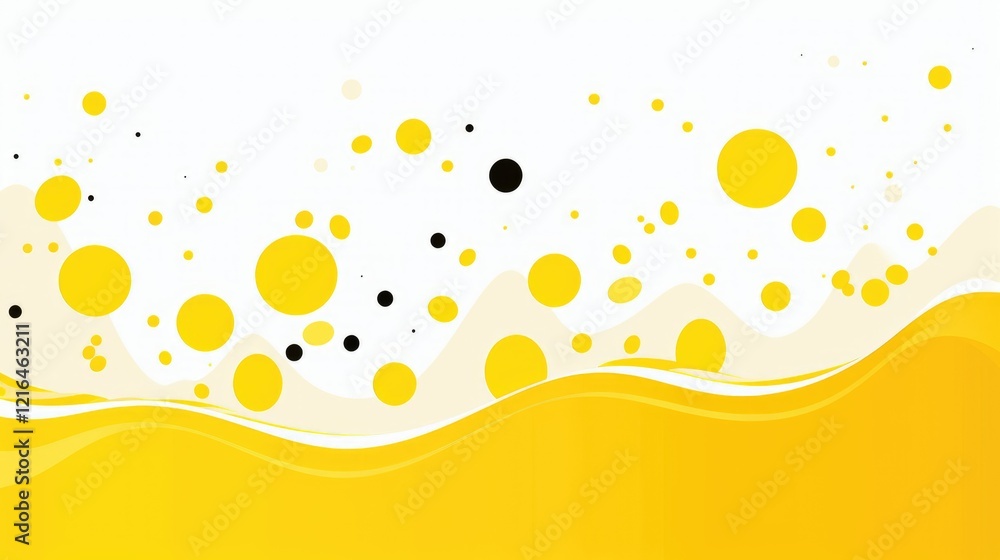 Abstract design featuring yellow bubbles and waves on a white background. Abstract design featuring yellow bubbles and waves on a white background.