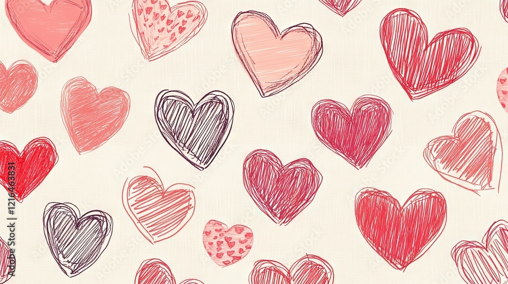 23.A whimsical vector pattern with sketch-style hand-drawn hearts in shades of red and pink, layered across a subtle background for a cute and versatile design. 23.A whimsical vector pattern with sketch-style hand-drawn hearts in shades of red and pink, layered across a subtle background for a cute and versatile design.