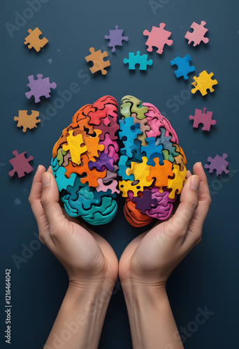 Hands holding brain with puzzle paper cutout, autism, demential, Epilepsy and alzheimer awareness, seizure disorder, world mental health day concept
 photo