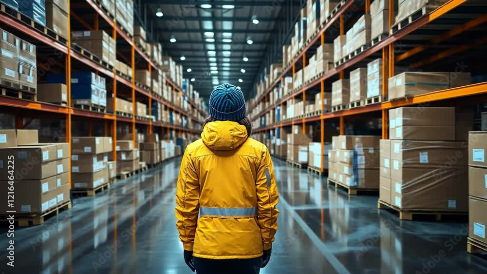 Warehouse worker in a yellow jacket stands among stacked boxes on a winter day Warehouse worker in a yellow jacket stands among stacked boxes on a winter day