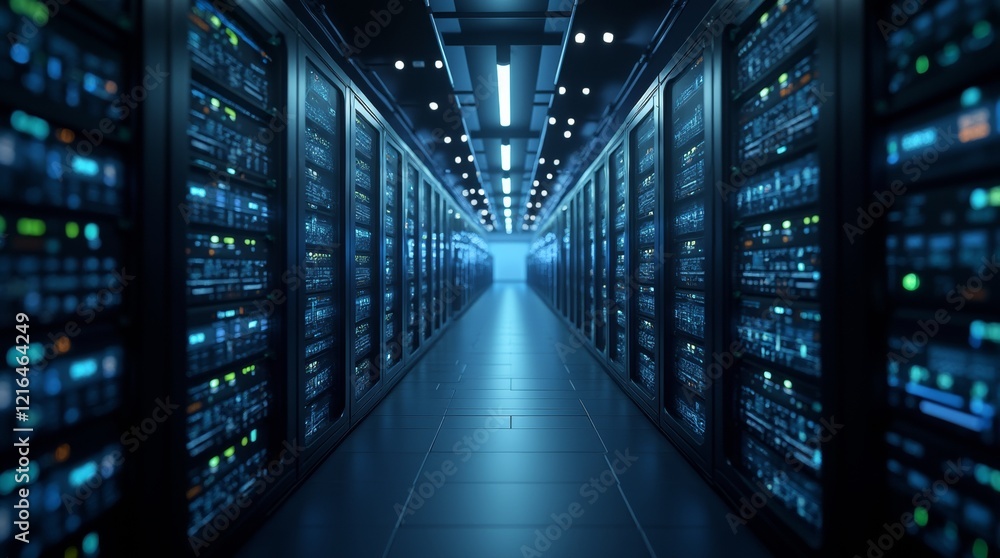 Fototapeta premium Modern Data Technology Center Server Racks in Dark Room with VFX. Animated Visualization Concept of Internet of Things, Data Flow, Digitization of Internet Traffic