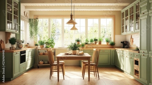 Sunny kitchen with wooden table and plants, interior design photo