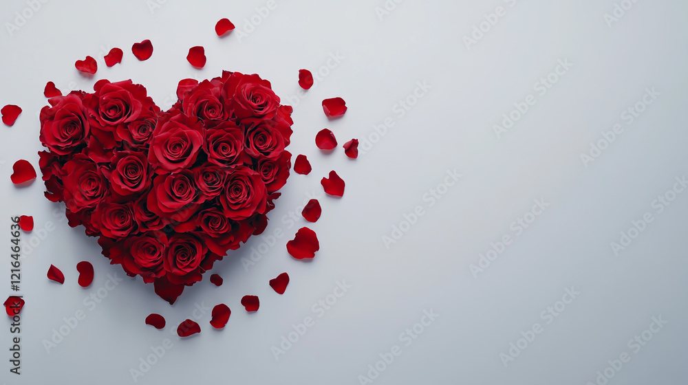 A composition of red roses in the shape of a heart on a white background and rose petals symbolize love and Valentine's Day cinematic view . A composition of red roses in the shape of a heart on a white background and rose petals symbolize love and Valentine's Day cinematic view .