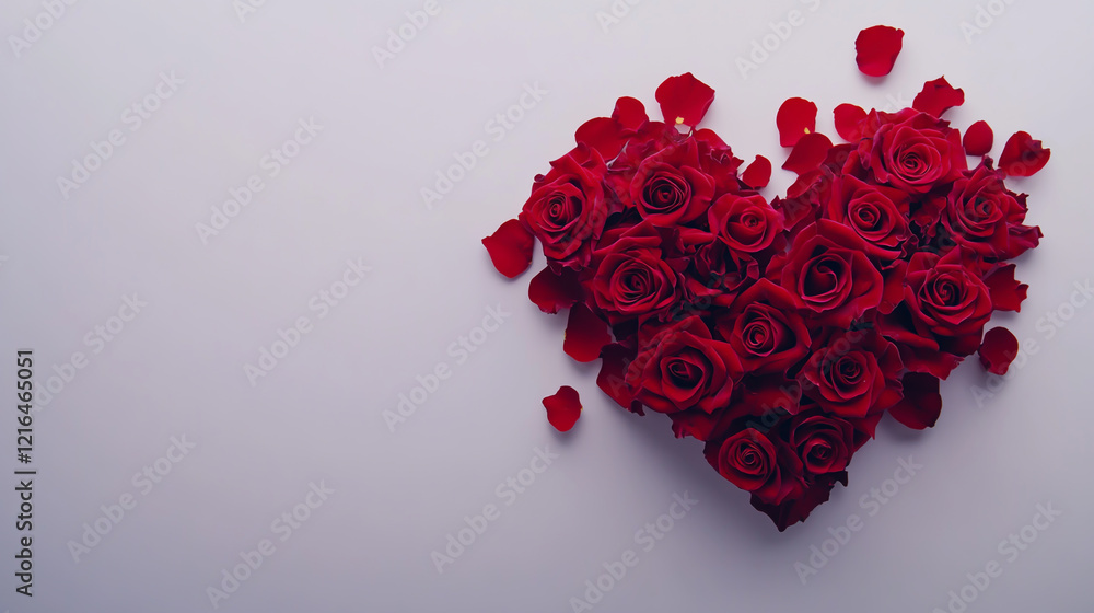 A composition of red roses in the shape of a heart on a white background and rose petals symbolize love and Valentine's Day cinematic view . A composition of red roses in the shape of a heart on a white background and rose petals symbolize love and Valentine's Day cinematic view .