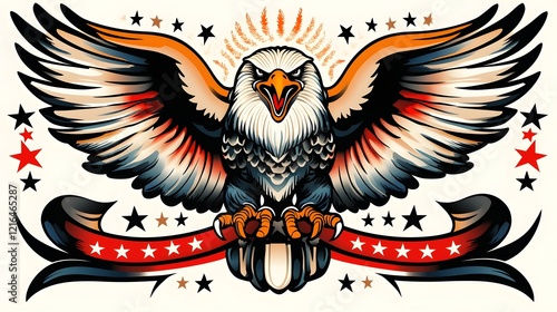 Fierce Vintage Inspired Eagle Tattoo Design with Traditional Shading and Patriotic Symbolism in a Retro Background photo