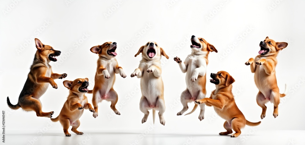 Playful puppies jumping in air. Cute small dogs in various poses. Jumping with paws up, like trying to catch something in air. Dogs playful expression on faces. Different colors. Studio shot against Playful puppies jumping in air. Cute small dogs in various poses. Jumping with paws up, like trying to catch something in air. Dogs playful expression on faces. Different colors. Studio shot against