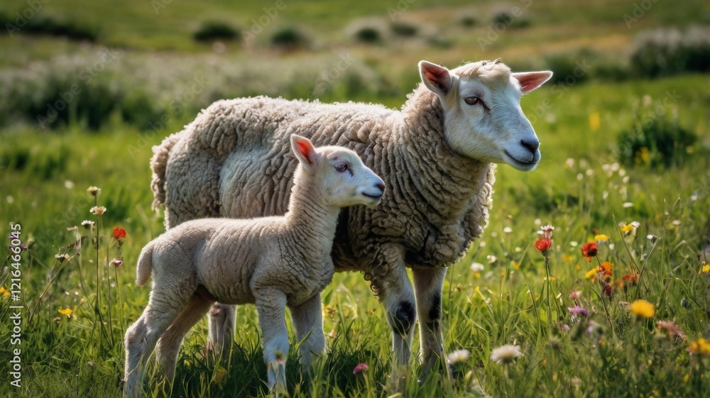 A tender moment captured of a lamb nuzzling against its ewe in a lush green pasture. A tender moment captured of a lamb nuzzling against its ewe in a lush green pasture.