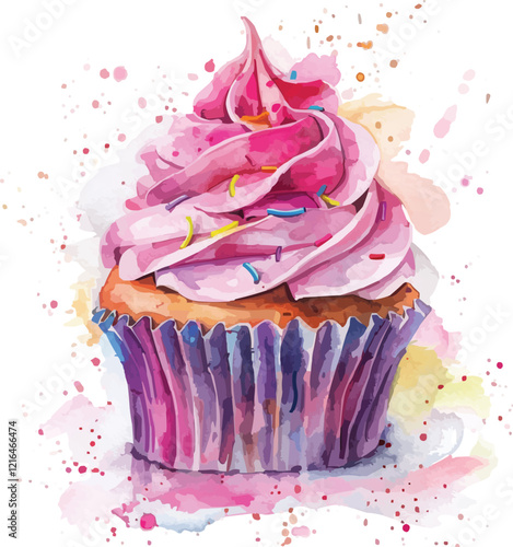 watercolor pink cupcake on white background,generative ai