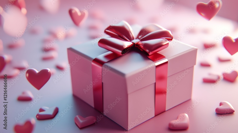 62.A 3D-rendered gift box in soft pink tones with a shiny red bow, surrounded by floating heart-shaped elements, creating a romantic and festive Valentine design. 62.A 3D-rendered gift box in soft pink tones with a shiny red bow, surrounded by floating heart-shaped elements, creating a romantic and festive Valentine design.