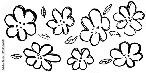 Set of hand drawn flowers and leaves with ink brush texture. Modern floral elements in grunge style. Chamomile and daisy cliparts. Vector illustration