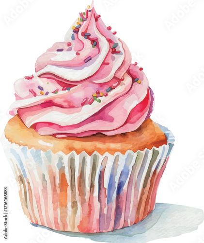 watercolor pink cupcake on white background,generative ai 