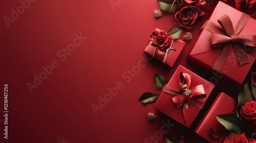 72.A luxurious Valentineâ€™s Day poster design with ornate gift boxes, romantic ribbon bows, and deep red roses, placed on a rich red background with soft gradient lighting.