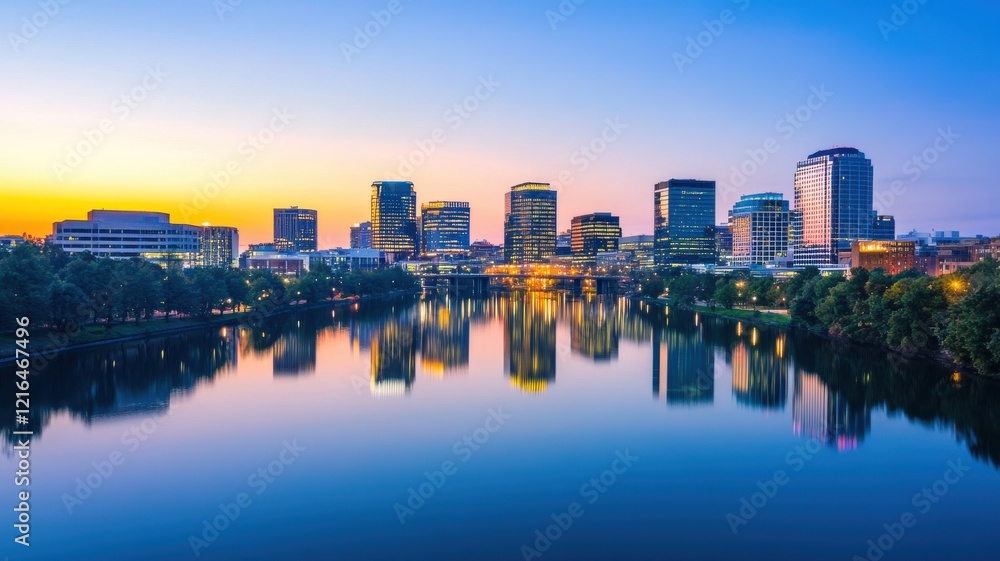 Obraz premium A stunning city skyline reflects in a tranquil lake at sunset, showcasing modern architecture and vibrant colors.