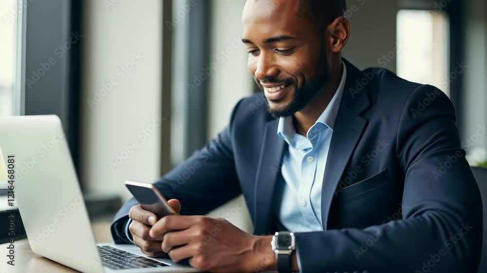 Professional Young Man in Business Suit Smiling While Using Smartphone and Laptop in Modern Office Setting, Emphasizing Digital Connection and Productivity Professional Young Man in Business Suit Smiling While Using Smartphone and Laptop in Modern Office Setting, Emphasizing Digital Connection and Productivity