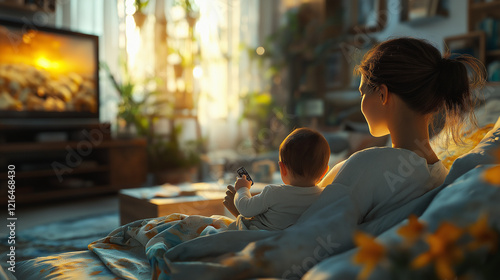 A mother and child sit on a couch in a warmly lit room watching TV
