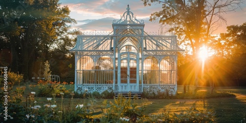 white metal victorian glass house at sunset