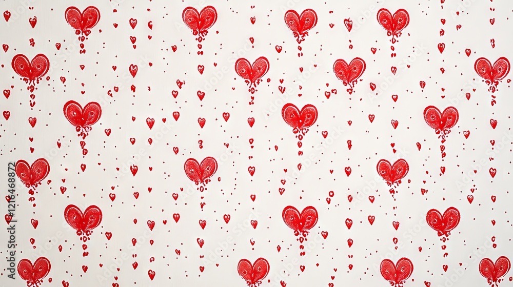 9.A repeating pattern featuring vibrant red hearts in various sizes, paired with tiny red dots, arranged symmetrically on a white canvas for a festive and elegant appearance.
