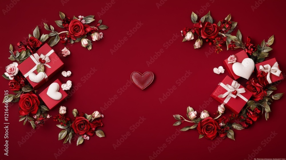 69.A romantic Valentine’s Day poster showcasing heart-shaped gift boxes, tied ribbons, and fresh roses artistically arranged in a symmetrical pattern on a deep red canvas. 69.A romantic Valentine’s Day poster showcasing heart-shaped gift boxes, tied ribbons, and fresh roses artistically arranged in a symmetrical pattern on a deep red canvas.