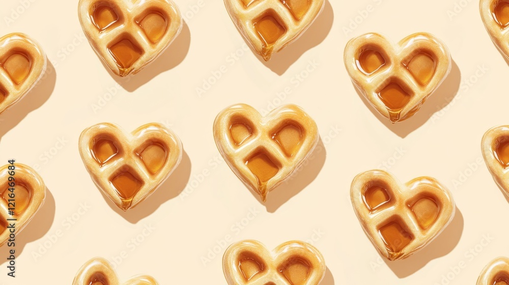 74.A seamless vector pattern featuring golden-brown waffle hearts drizzled with glossy maple syrup, arranged evenly on a warm beige background for a sweet and romantic design. 74.A seamless vector pattern featuring golden-brown waffle hearts drizzled with glossy maple syrup, arranged evenly on a warm beige background for a sweet and romantic design.