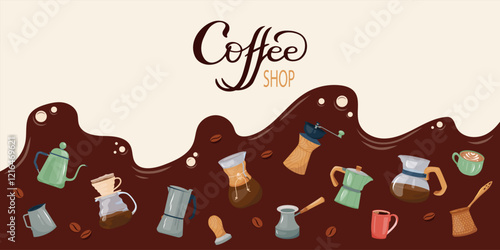 Horizontal banner, stylish illustration of coffee making equipment, variety of essential tools: coffee machine, cezve, grinder, press. Perfect for promoting coffee related products or cafe services.