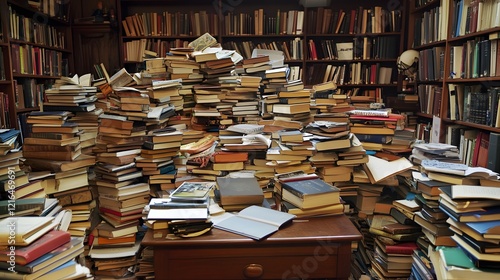 A massive pile of books overwhelms a library room