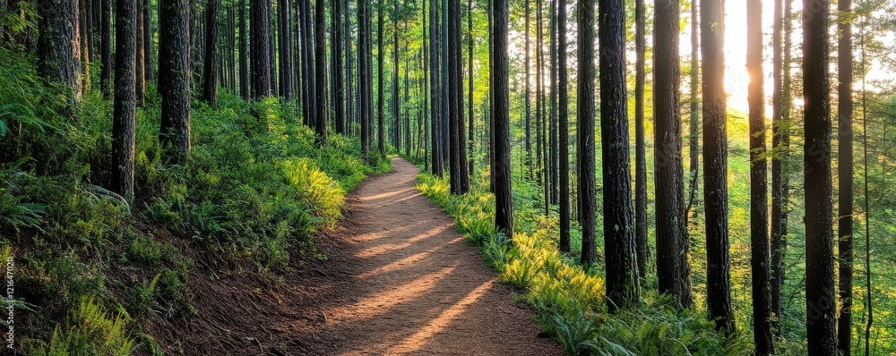 A serene forest path meanders through tall trees, bathed in soft sunlight, inviting exploration and tranquility. A serene forest path meanders through tall trees, bathed in soft sunlight, inviting exploration and tranquility.