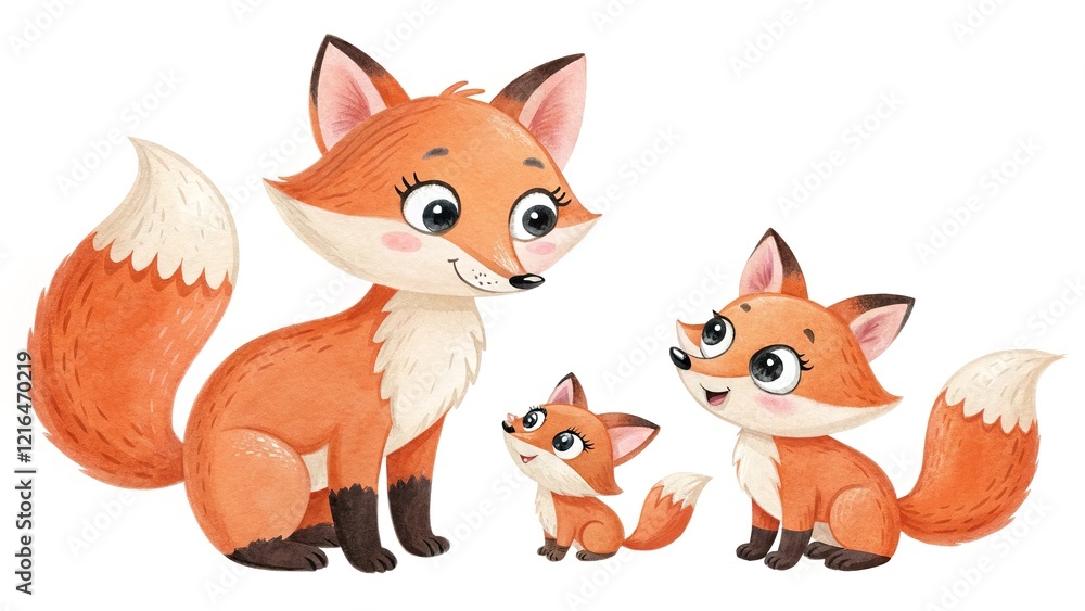 A sweet fox family, radiating warmth and affection, beautifully illustrated on a white background A sweet fox family, radiating warmth and affection, beautifully illustrated on a white background