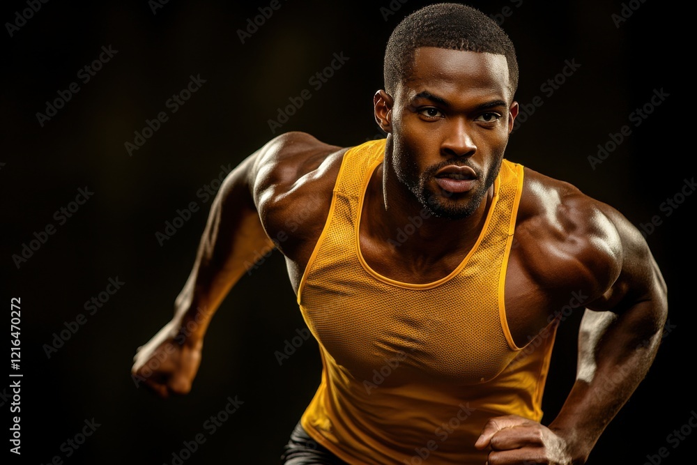 Fototapeta premium Dynamic sprinting athlete in yellow tank top, muscular runner in motion, powerful sports fitness training concept isolated PNG with Transparent Background