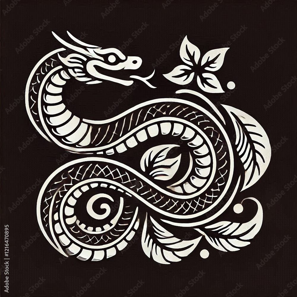 illustration, picture, sketch, shio, a snake in a symbol or emblem of the year in black and white illustration, picture, sketch, shio, a snake in a symbol or emblem of the year in black and white