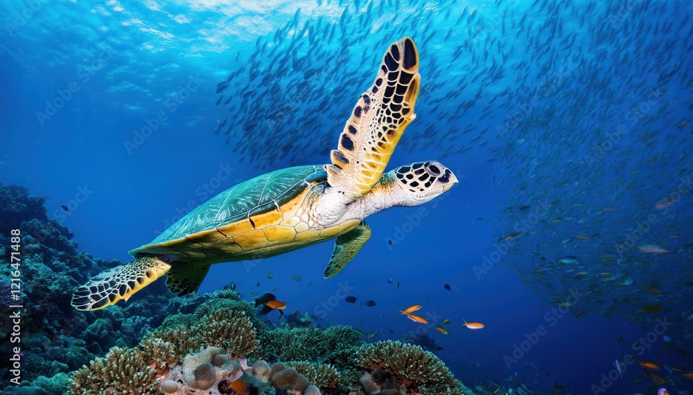 Fototapeta premium Hawksbill Sea Turtle with Fish School and Vibrant Coral Reef