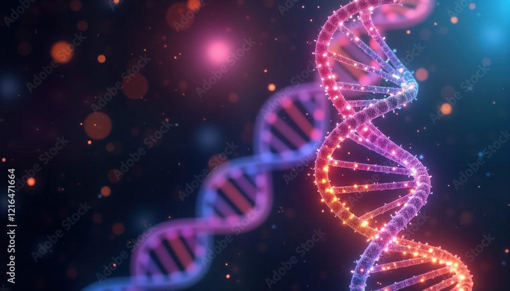 Obraz premium Glowing vibrant DNA double helix structure on dark cosmic backdrop. Neon lights sparkle along helix. Molecular structure highlights bio tech concept. Futuristic science, bio research. Abstract image.