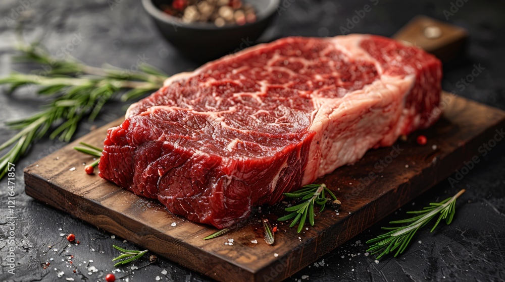 Close-up of raw fresh beef meat ribeye placed on table Close-up of raw fresh beef meat ribeye placed on table