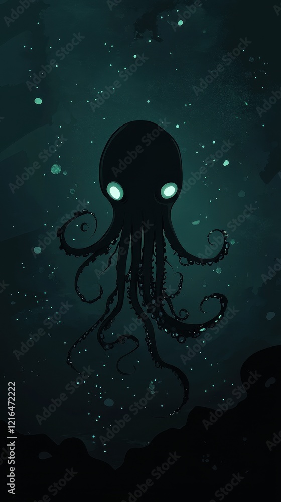 A Dark Octopus Swims in Deep Ocean Waters A Dark Octopus Swims in Deep Ocean Waters