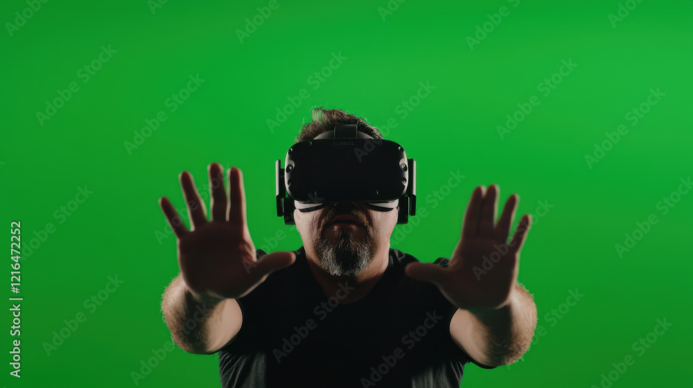 Virtual Reality green screen. gamer performing dramatic motion in VR with green background Virtual Reality green screen. gamer performing dramatic motion in VR with green background