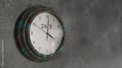 Wallpaper Mural Clock 24 hours 7 days a week open. Text numbers. Old clock rust. 3d Animation Torontodigital.ca